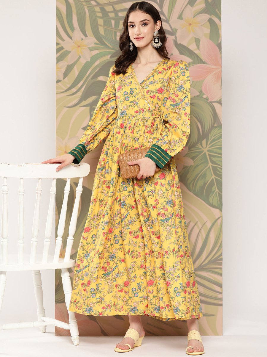 Ahalyaa Floral Printed Tie-Ups Crepe Empire Ethnic Dress - Distacart