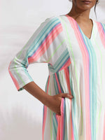 Thumbnail for trueBrowns Off-White Cotton Multi Stripe Flared Kurta Set