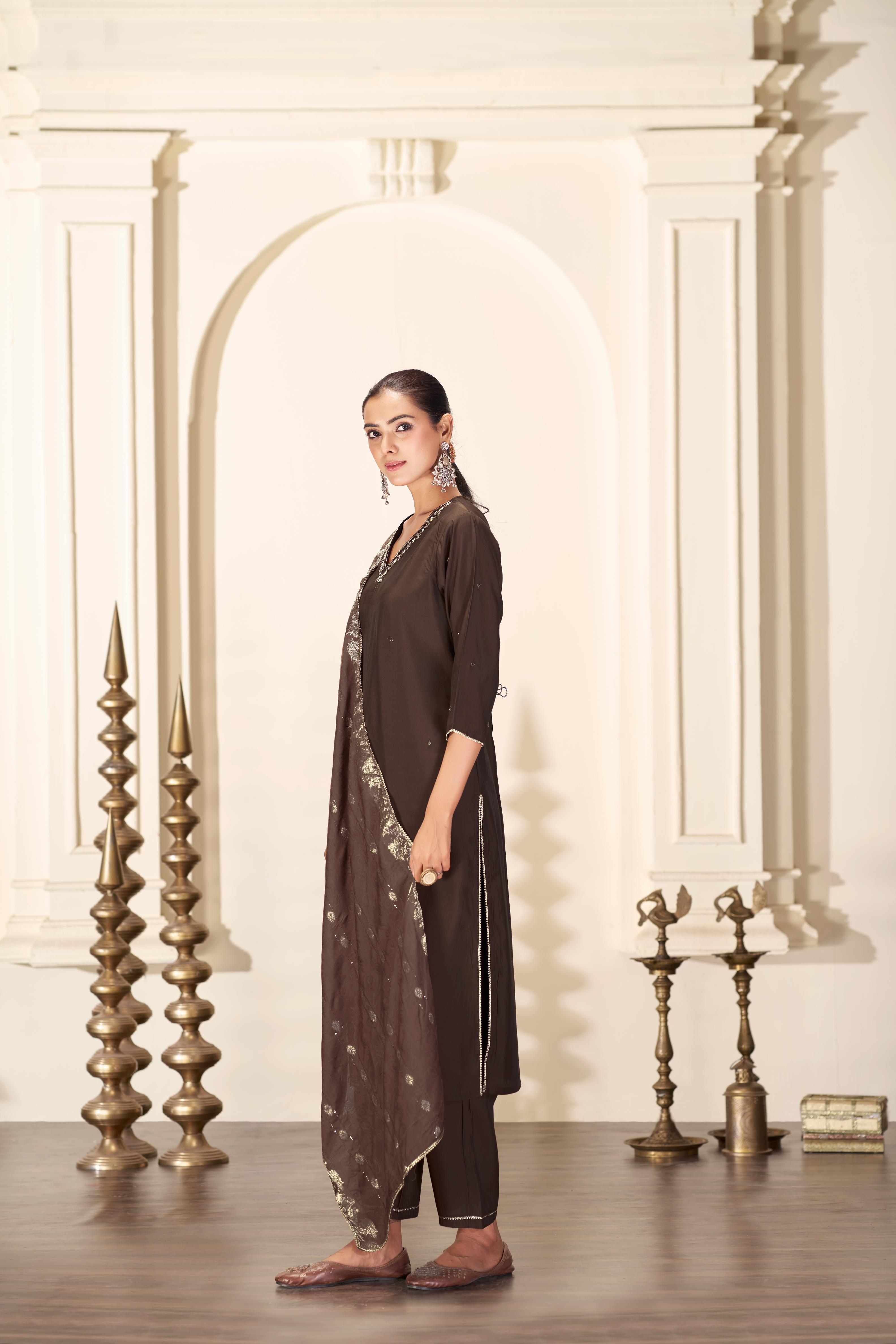 BulBul Nirjari Brown Silk Kurta Set with Dupatta