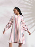 Thumbnail for trueBrowns Off-White Cotton Multi Stripe Short Dress