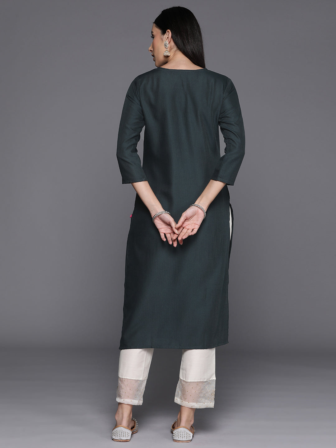Varanga Women Grey Round Neck Embroidered Yoke Straight Kurta With Side Slits - Distacart