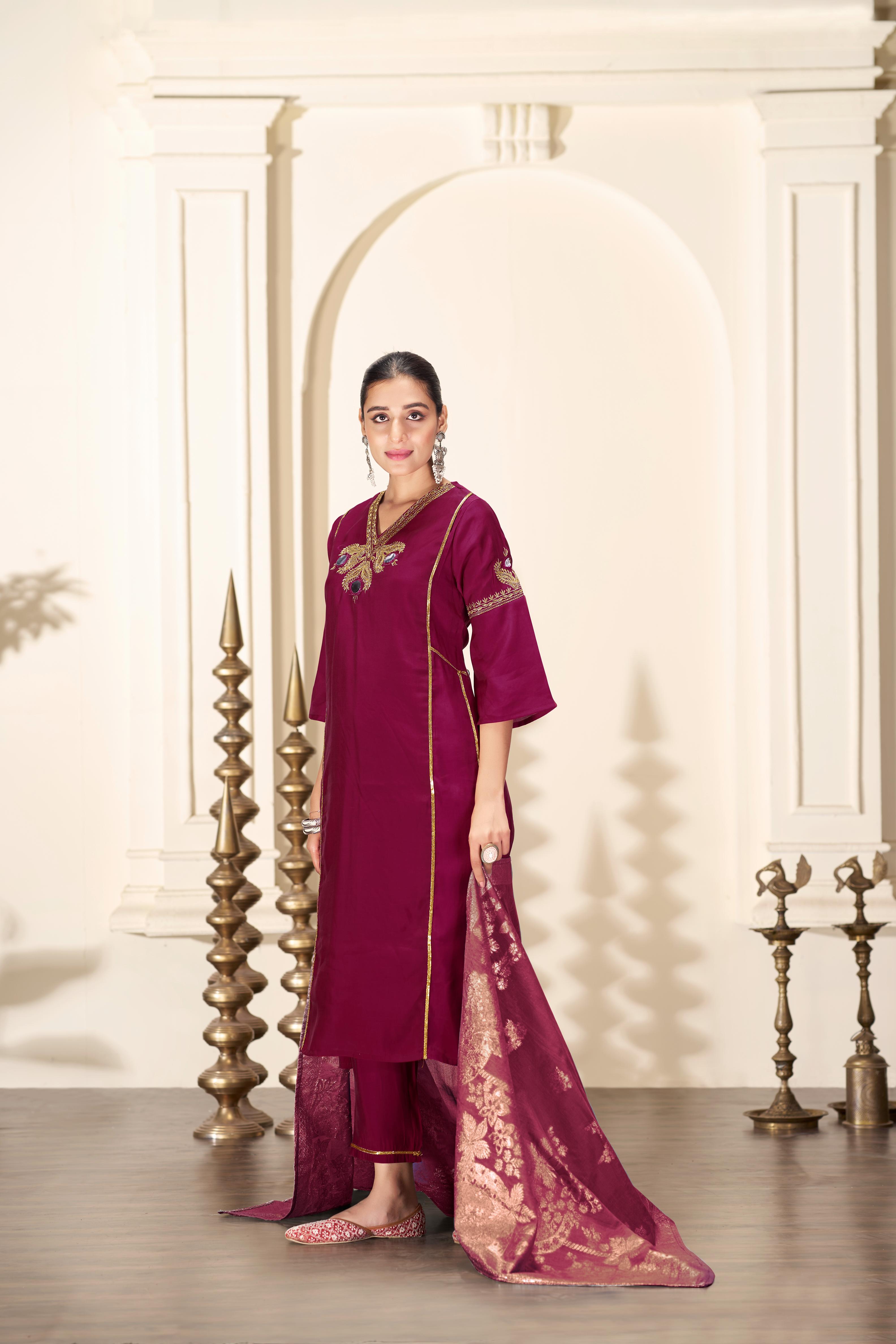 BulBul Shruti Silk Wine Kurta Set with Dupatta