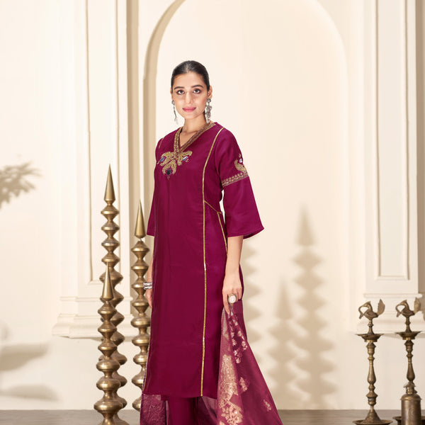 BulBul Shruti Silk Wine Kurta Set with Dupatta