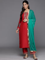 Thumbnail for Varanga Women Red Embroidered Straight Kurta Paired With Tonal Bottom And Contrast Dupatta With Four Sided Fringes - Distacart