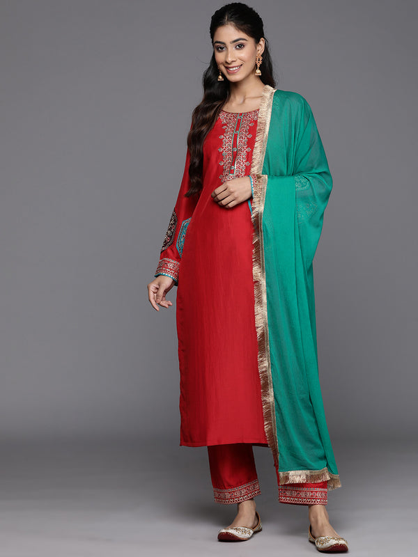 Varanga Women Red Embroidered Straight Kurta Paired With Tonal Bottom And Contrast Dupatta With Four Sided Fringes - Distacart