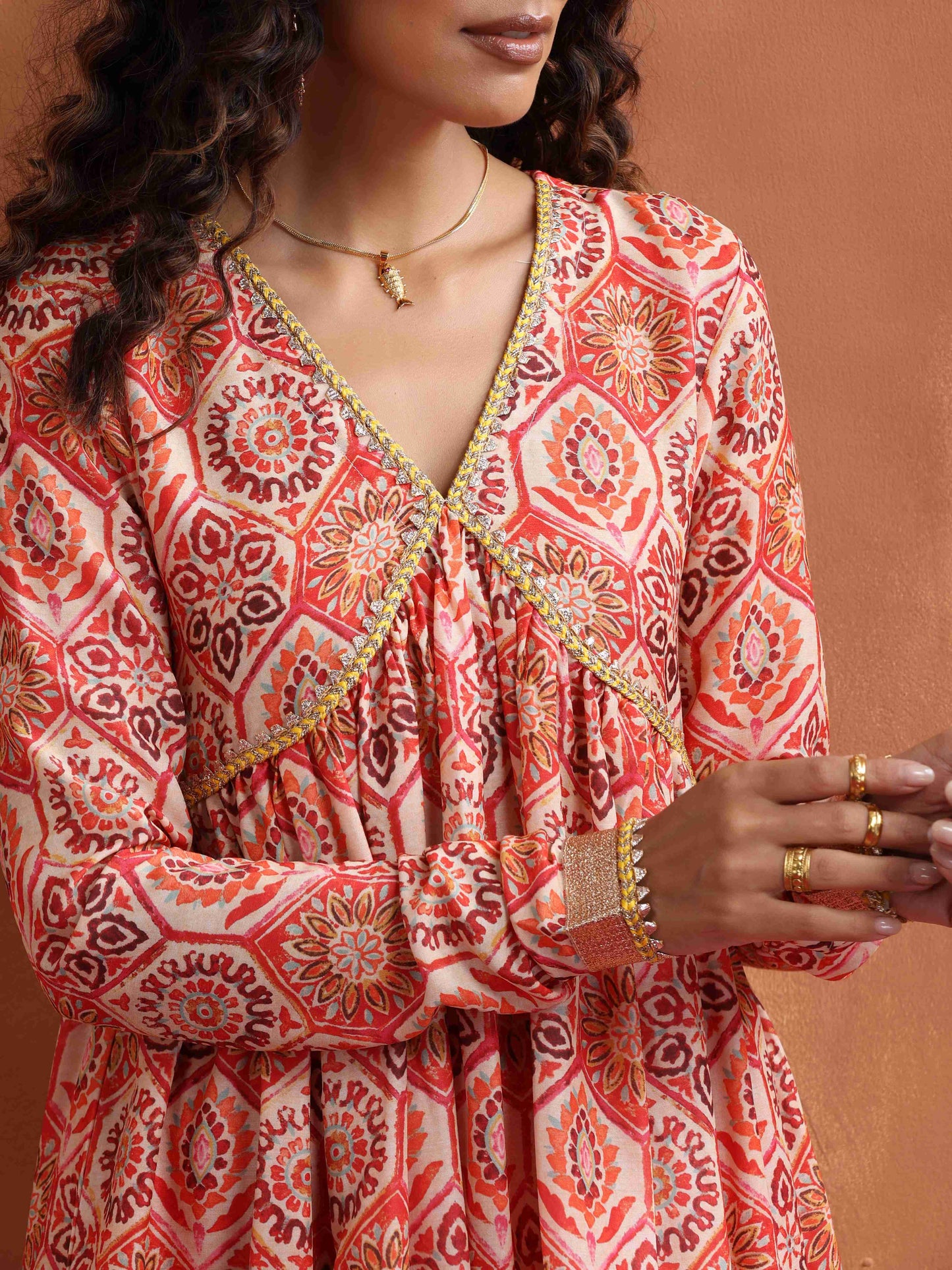 trueBrowns Beige Print Flared Anarkali Kurta Set - Distacart