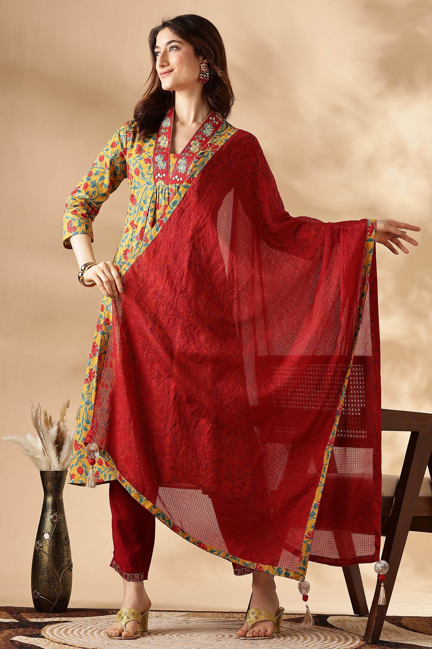 BulBul Anupriya Cotton Mustard Kurta Set with Dupatta