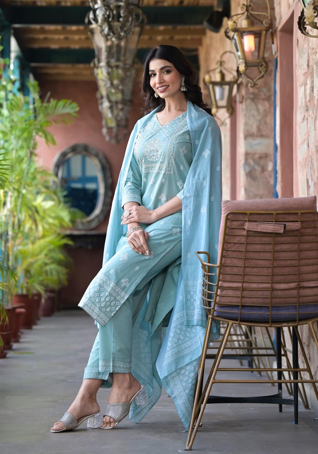Varanga Women Sea Green Rubber Printed, Mirror Embellished Straight Kurta Paired With Bottom And Dupatta - Distacart