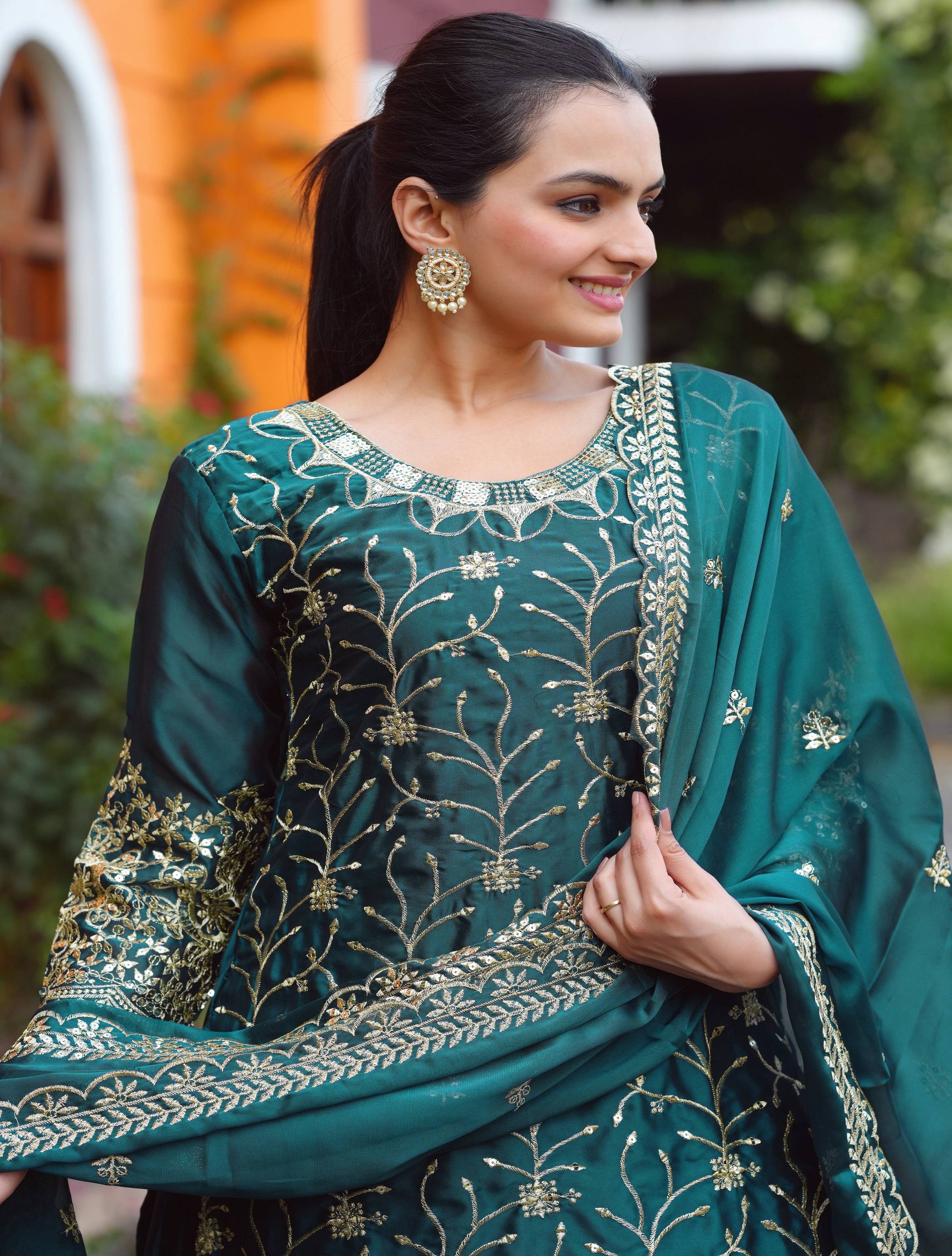 Yash Enterprise Festive Teal Green Sequence Embroidered Work Readymade Salwar Suit