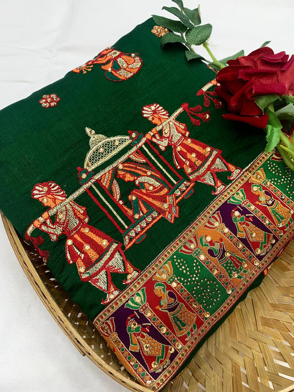 Lorenvalley Fashion Premium Green Vichitra Silk Embroidery and Diamond work Both Side Saree - Distacart