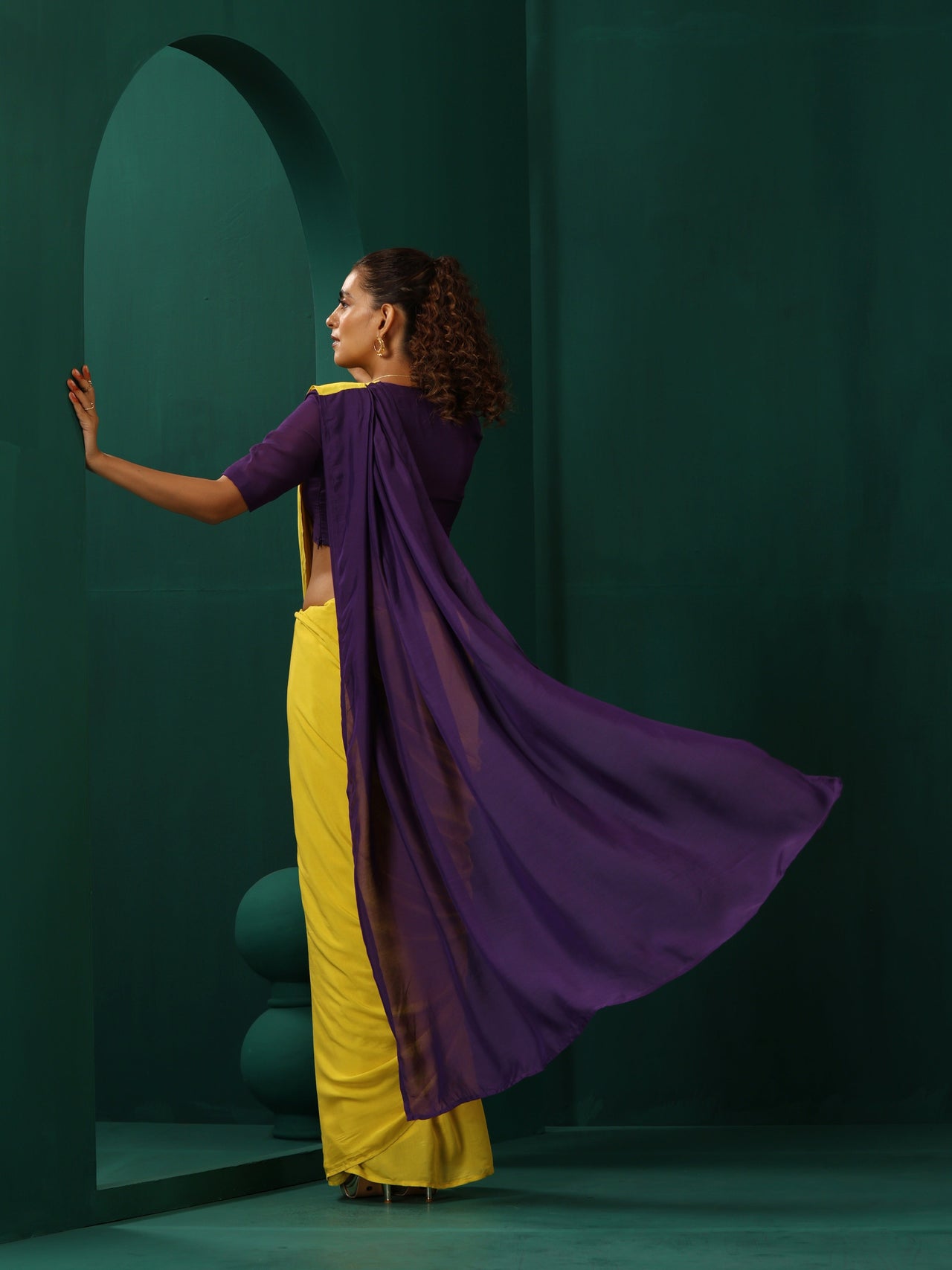 trueBrowns Yellow Purple Muslin Silk Ready to Wear Saree - Distacart