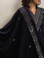 Thumbnail for trueBrowns Purple Velvet Embroidered Kurta Pant Dupatta Set