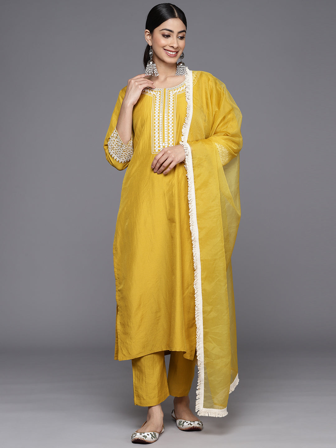 Varanga Women Yellow Embroidered Kurta With Tonal Bottom And Tonal Dupatta - Distacart
