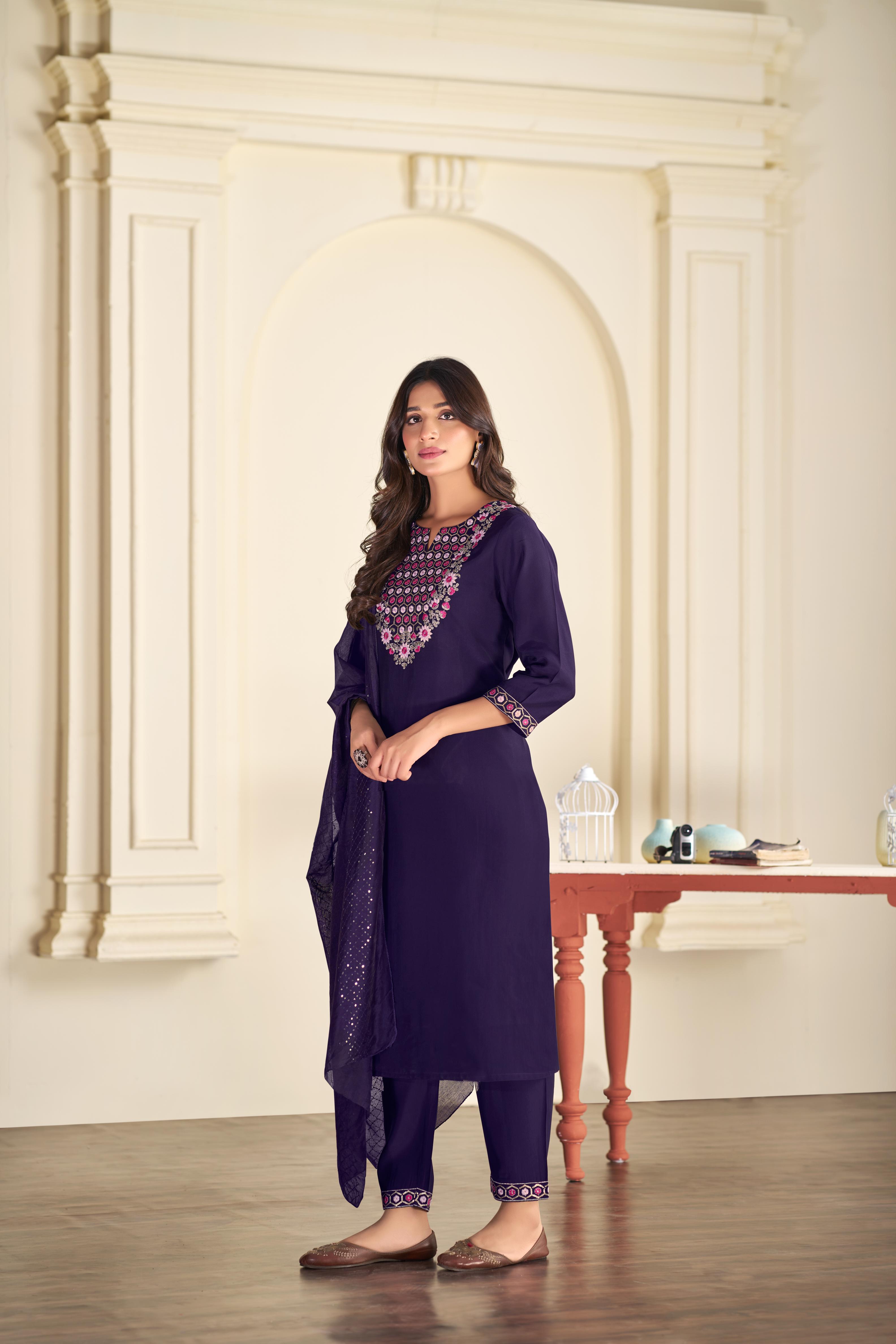 BulBul Ruhani Purple Embroidered Roman Silk Salwar Suit