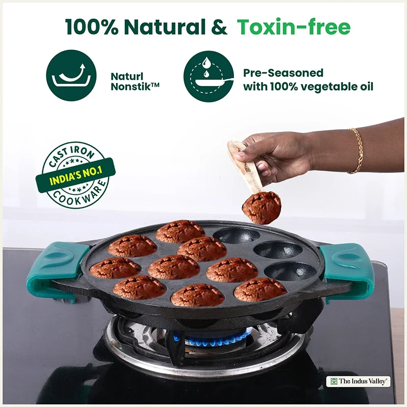 The Indus Valley 12 Pit/Cup CASTrong Cast Iron Paniyaram/Appe Pan, Pre-seasoned, with Double Handle Silicone Grip,Toxin-free, 20.8 cm, 2.2 kg