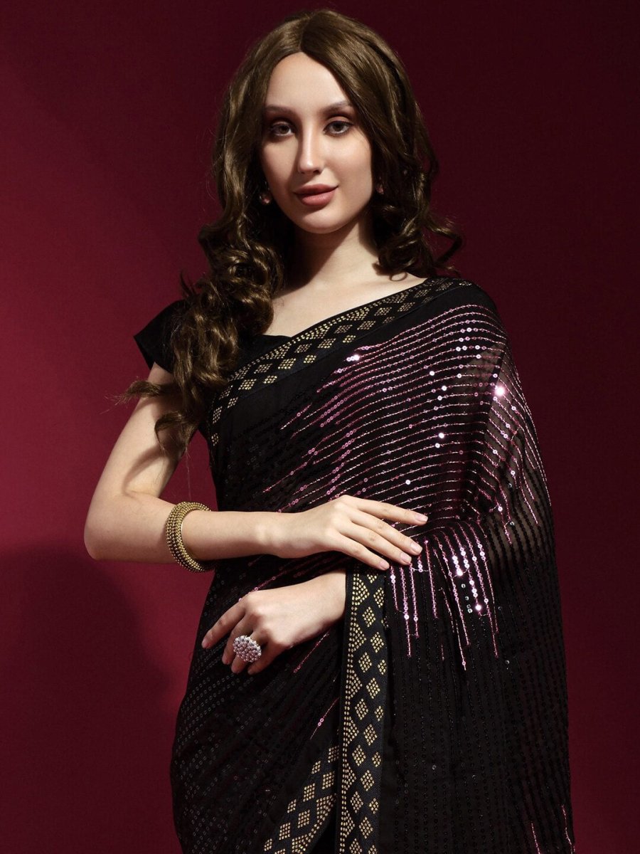 Anouk Black & Pink Embellished Sequinned Pure Georgette Saree - Distacart