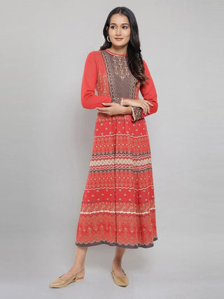 AURELIA Women Red & White Ethnic Motifs Midi Dress - Distacart