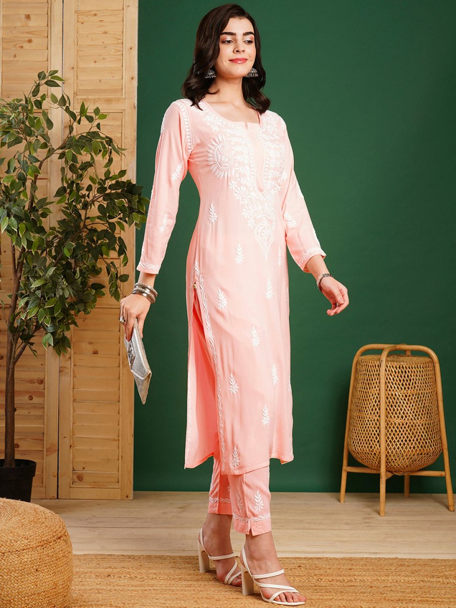ADA Ethnic Motifs Embroidered Chikankari Kurta with Trousers - Distacart