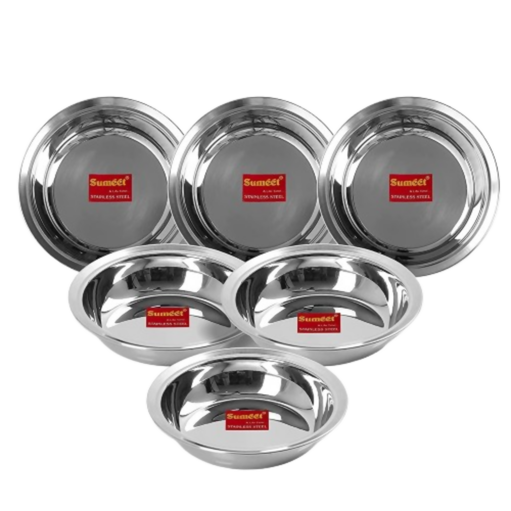 Sumeet Stainless Steel Heavy Gauge Multi Utility Serving Plates with Mirror Finish 19cm Dia - Dista