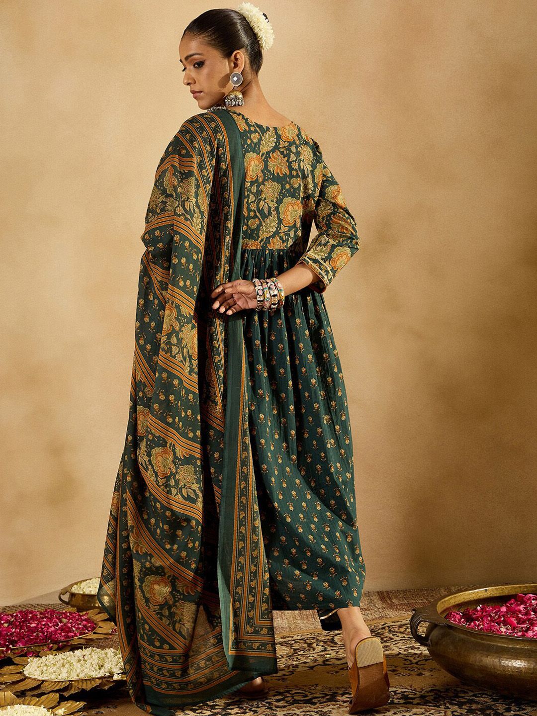 Indo Era Floral Printed Empire Pure Cotton A-Line Kurta With Trousers & Dupatta