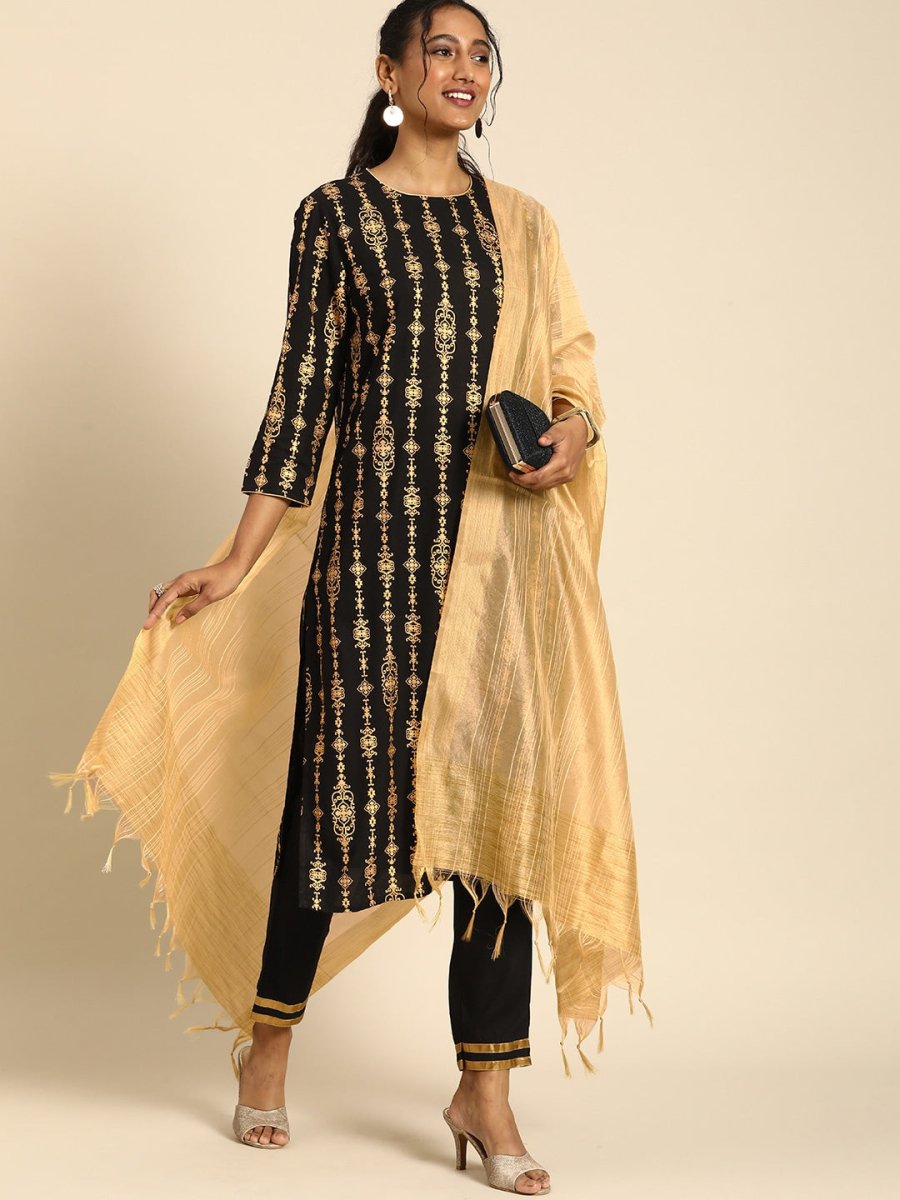 All About You Women Black Ethnic Motifs Printed Regular Kurta with Trousers & With Dupatta - Distacart