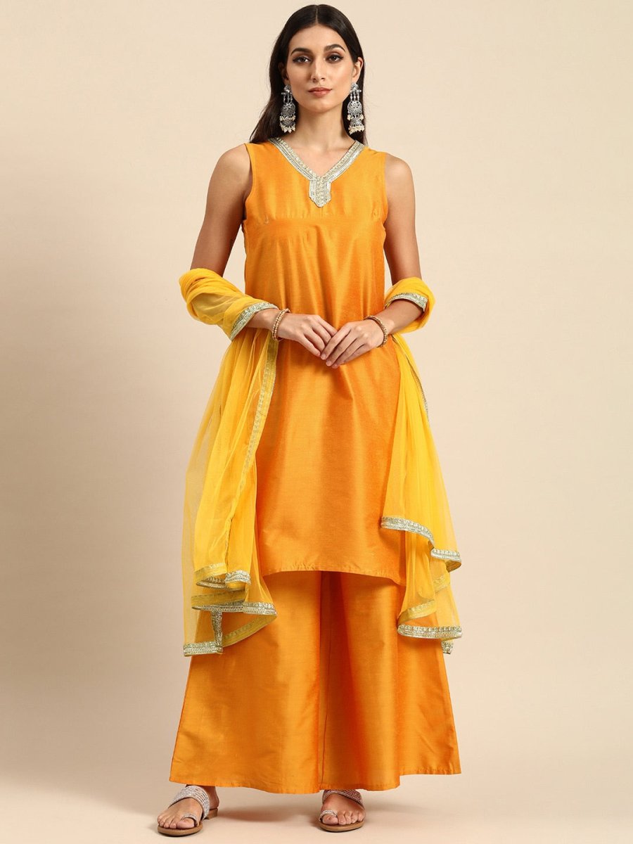 All About You Women Mustard Yellow Ethnic Motifs Embroidered Gotta Patti Kurta with Palazzos & With Dupatta - Distacart