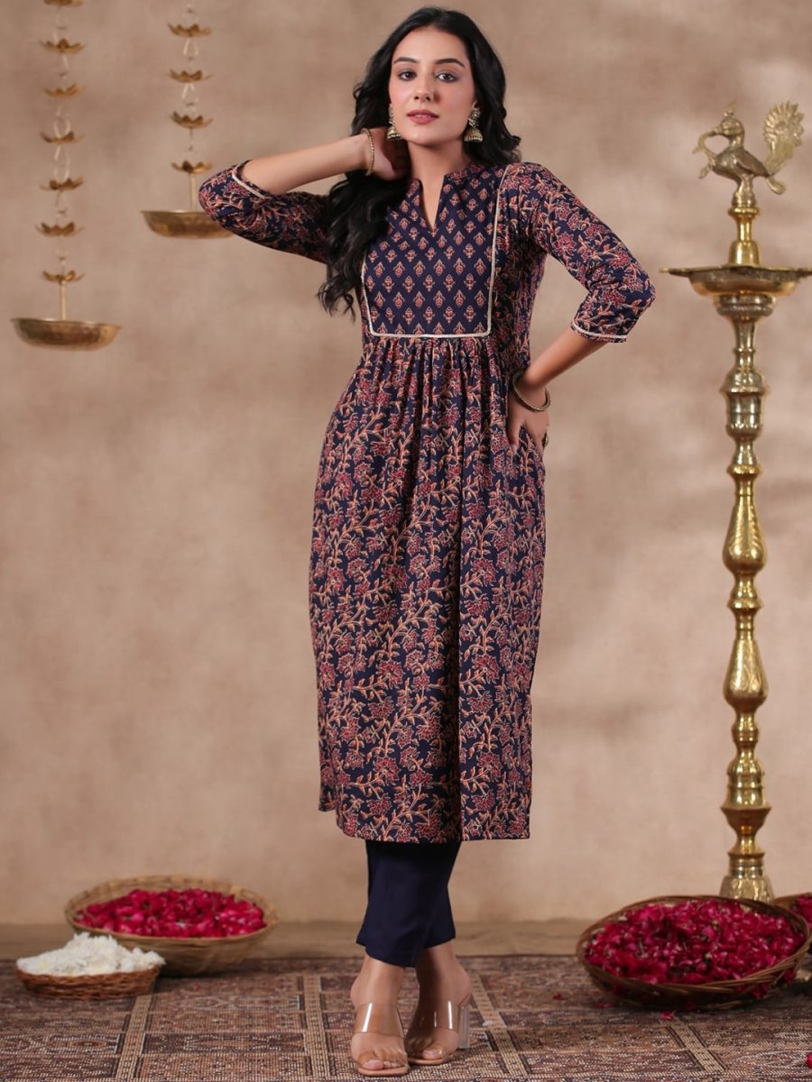 Anubhutee Floral Printed Mandarin Collar Pure Cotton Anarkali Kurta With Trousers - Distacart