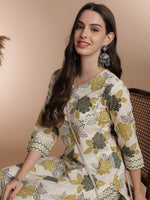 Thumbnail for Anouk Off White Floral Printed Gotta Patti Detail Pure Cotton Straight Kurta With Trouser