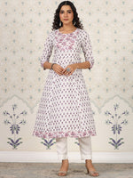 Thumbnail for Ode by House of Pataudi White Floral Printed Pure Cotton A-Line Kurta - Distacart
