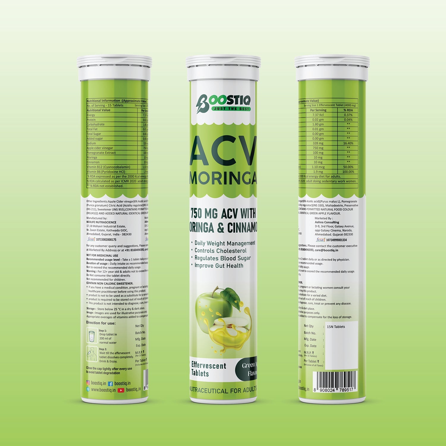 BOOSTIQ Apple Cider Vinegar With Moringa Effervescent Tablets - Green Apple Flavour - Distacart