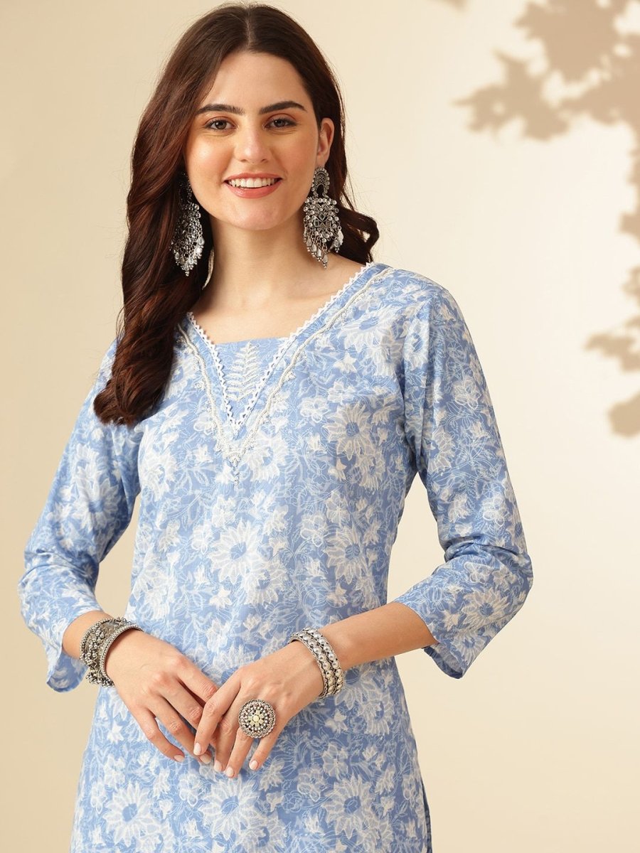 Anouk Blue Floral Printed Regular Thread Work Pure Cotton Kurta With Patiala & Dupatta - Distacart