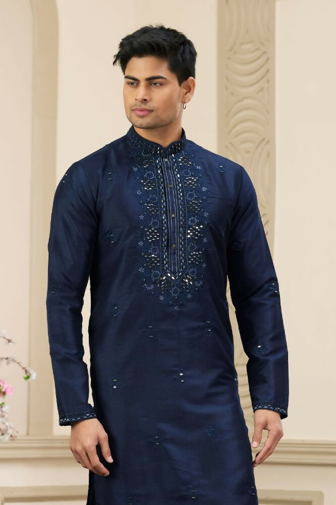 Raivat Ethnic Banarasi Art Silk Thread and Mirror Work Kurta Pajama In Blue Colour