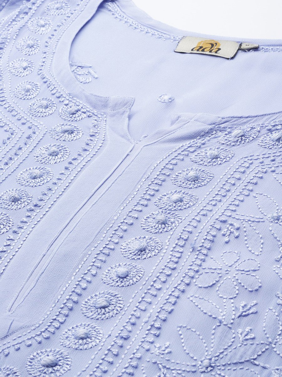 ADA Women Blue & Blue Ethnic Motifs Embroidered Chikankari Georgette Kurta - Distacart