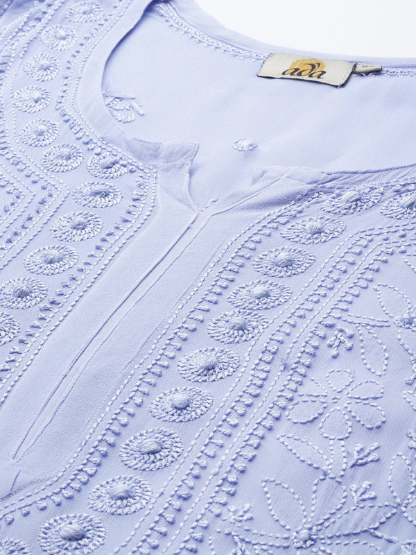 ADA Women Blue & Blue Ethnic Motifs Embroidered Chikankari Georgette Kurta - Distacart