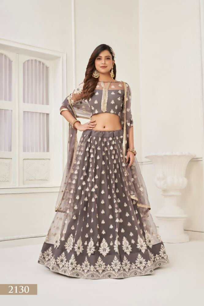 Aastha Fashion Space Gray Butterfly Net White Cotton Thread Work And Sequence Work Embroidery Wedding Wear Lehenga Choli - Distacart