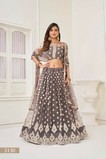 Aastha Fashion Space Gray Butterfly Net White Cotton Thread Work And Sequence Work Embroidery Wedding Wear Lehenga Choli - Distacart