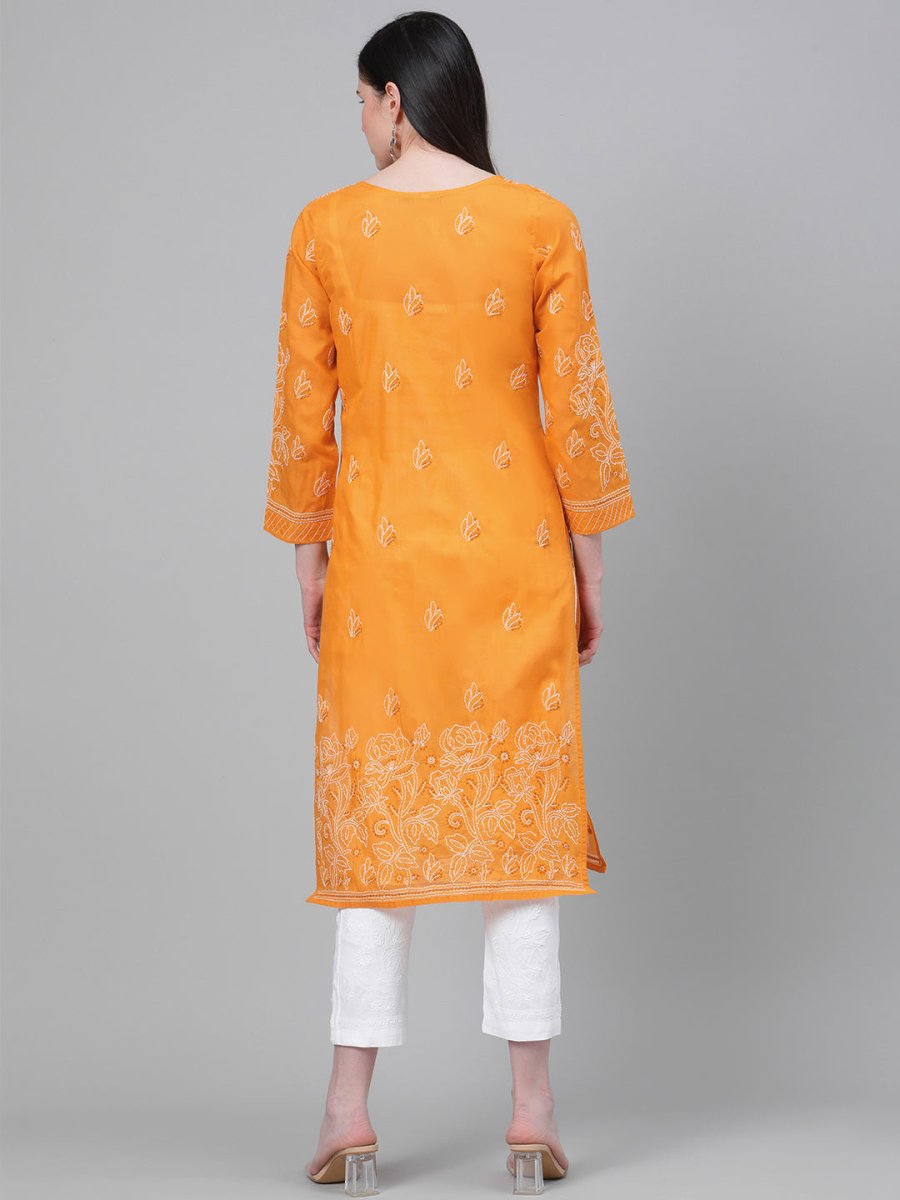 ADA Women Mustard Yellow & White Chikankari Embroidered Cotton Sustainable Handloom Kurta with Palazzos - Distacart