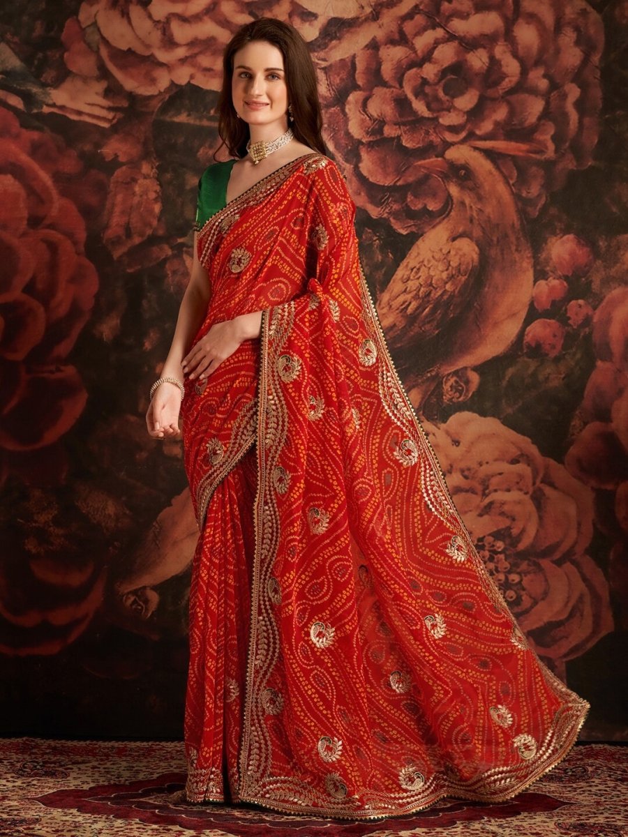 Anouk Red & White Printed & Embroidered Pure Georgette Bandhani Saree - Distacart