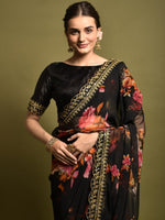 Thumbnail for Anouk Black & Orange Floral Printed Embroidered Pure Georgette Saree - Distacart