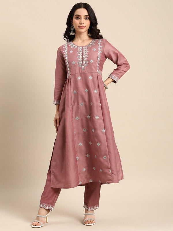 All About You Ethnic Motifs Embroidered Pleated Sequinned Kurta with Trousers - Distacart