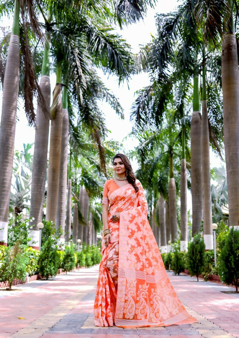 Partywear Designer Orange Jamdani contton Fancy Saree - Starwalk - Distacart