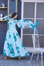 Thumbnail for Aastha Fashion Women's Turquoise Tebby Silk Floral Printed Anarkali Dress with Dupatta - Distacart