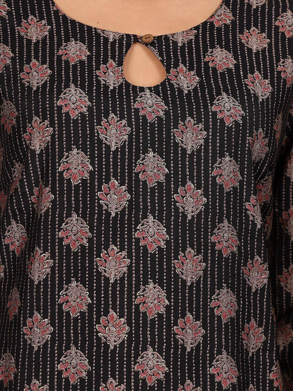 Ode by House of Pataudi Keyhole Neck Printed Regular Chanderi Silk Straight Kurta Set - Distacart