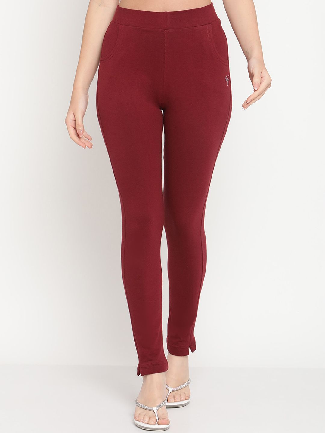 TAG 7 Set Of 2 Maroon & Navy Blue Solid Leggings - Distacart