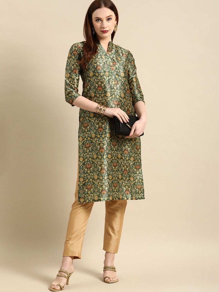 All About You Women Green & Mustard Yellow Ethnic Motifs Print Chanderi Silk Blend Kurta - Distacart