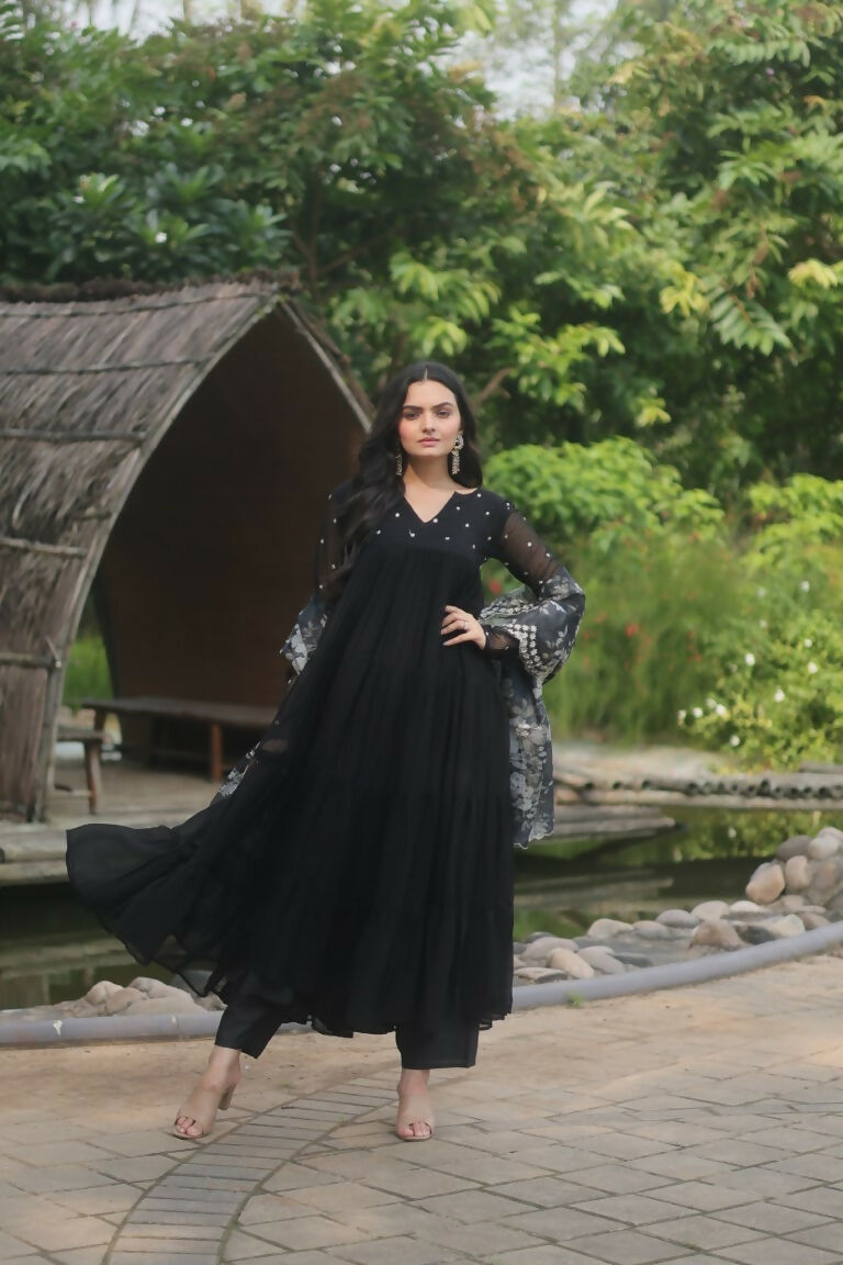 Jyoti Fashion Women's Black Faux Blooming Butti Work Kurta with Trouser & Dupatta - Distacart