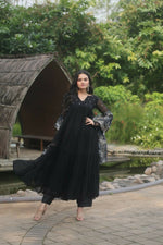 Thumbnail for Jyoti Fashion Women's Black Faux Blooming Butti Work Kurta with Trouser & Dupatta - Distacart