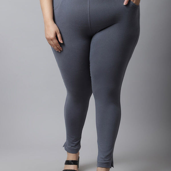 TAG 7 Women Plus size Grey Solid Cotton Ankle-Length Leggings - Distacart