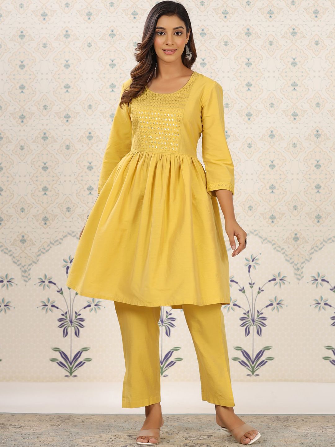 Ode by House of Pataudi Yellow Sequinned Detailed Anarkali Kurta With Trousers - Distacart