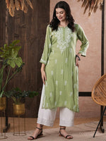 Thumbnail for ADA Women Ethnic Motifs Embroidered Flared Sleeves Kurta - Distacart